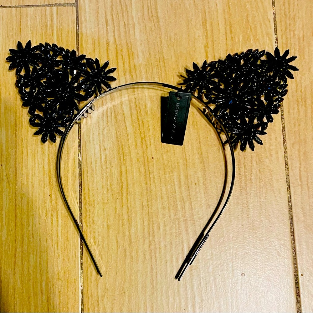 BCBGMAXAZRIA Black Rhinestone Floral cat ear headband NWT